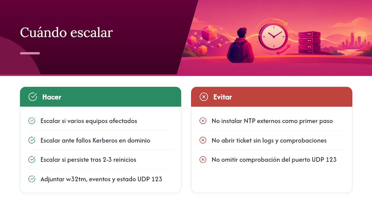 Cuándo escalar el problema a soporte técnico o al administrador de red — overview diagram