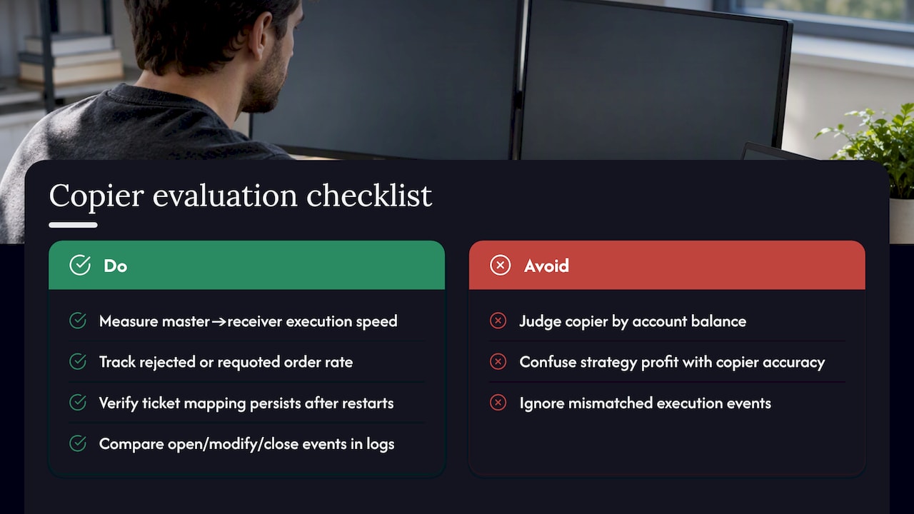 Trade copier performance metrics and event checks