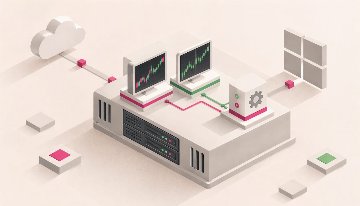Plataforma VPS isométrica con terminales de trading conectados