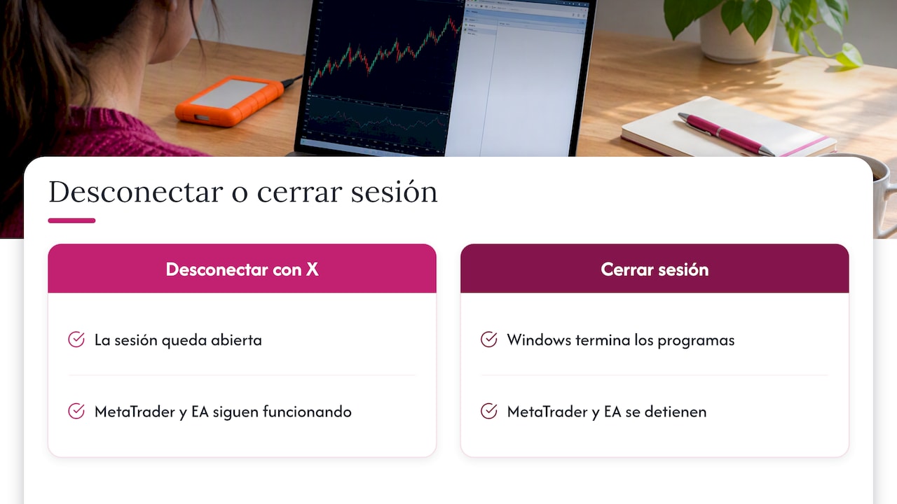 Desconectar mantiene MetaTrader activo; cerrar sesión lo detiene