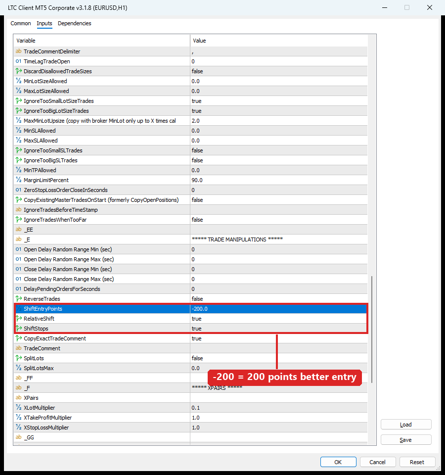 LTC Client EA inputs: ShiftEntryPoints -200, RelativeShift true, ShiftStops true